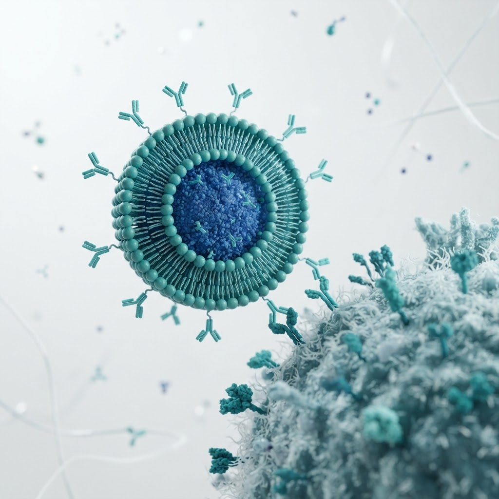 Illustration of a targeted liposomal nanoparticle approaching a tumor cell